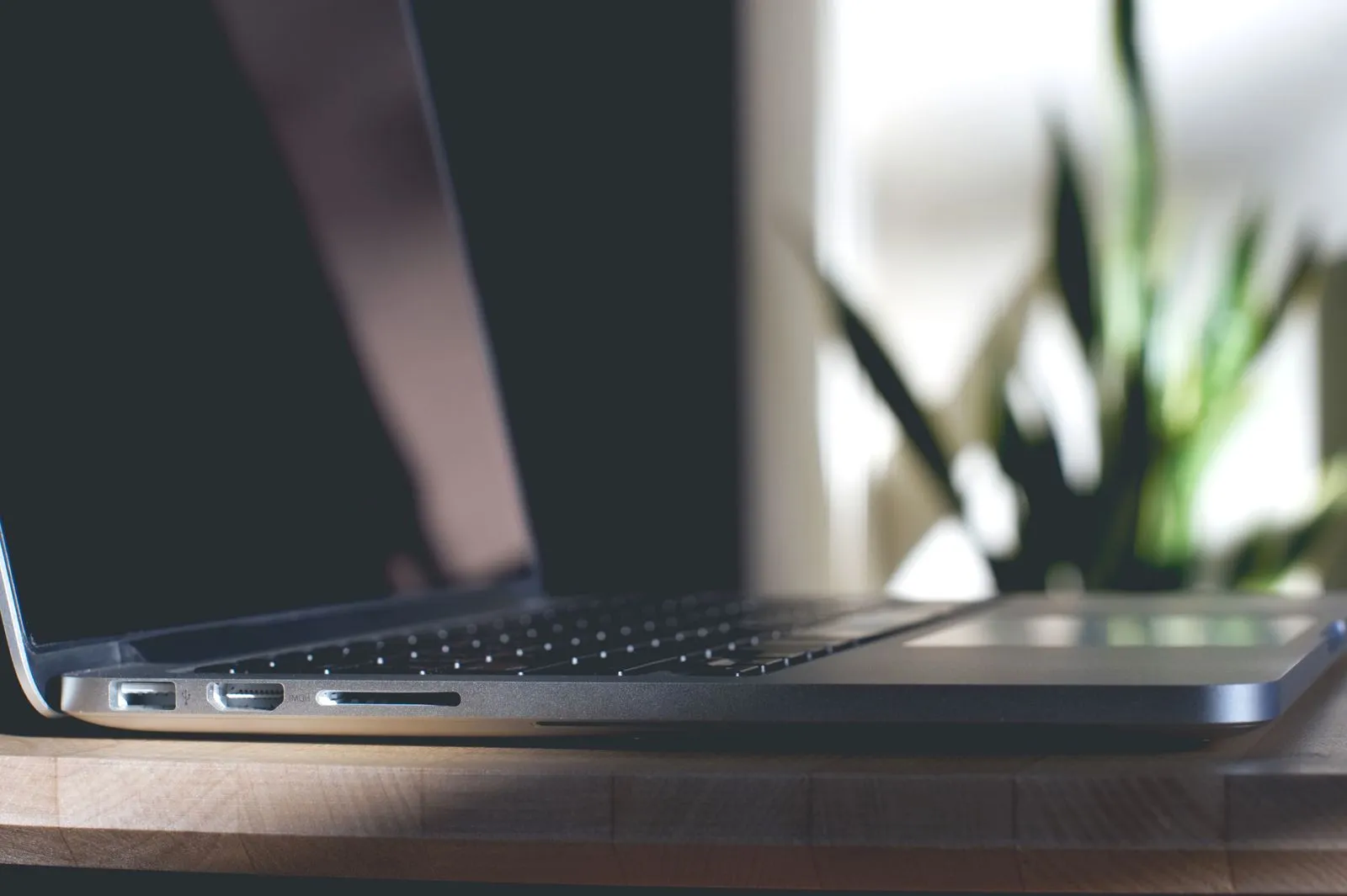 Close-up of a laptop side view on a wooden desk with a plant in the background, perfect for business and technology themes.
